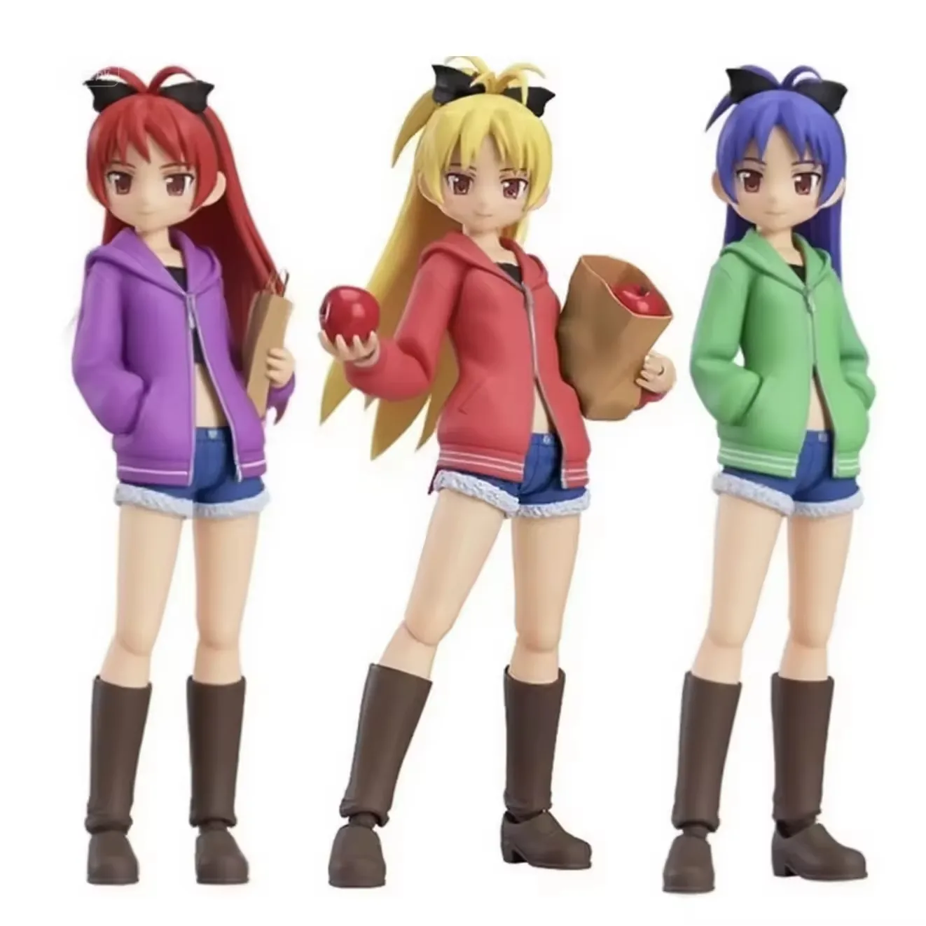 Coleccion OEM de figuras PVC de chica anime con tres variantes de color en sudaderas moradas, rosas y verdes