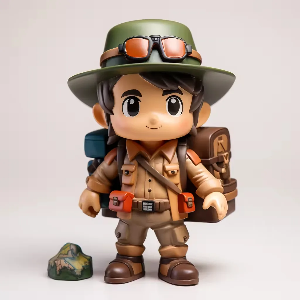 Figurine de aventura chibi con sombrero verde oliva, gafas naranjas, bolsillos cargo marrones y mochila junto a un pequeño marcador de terreno