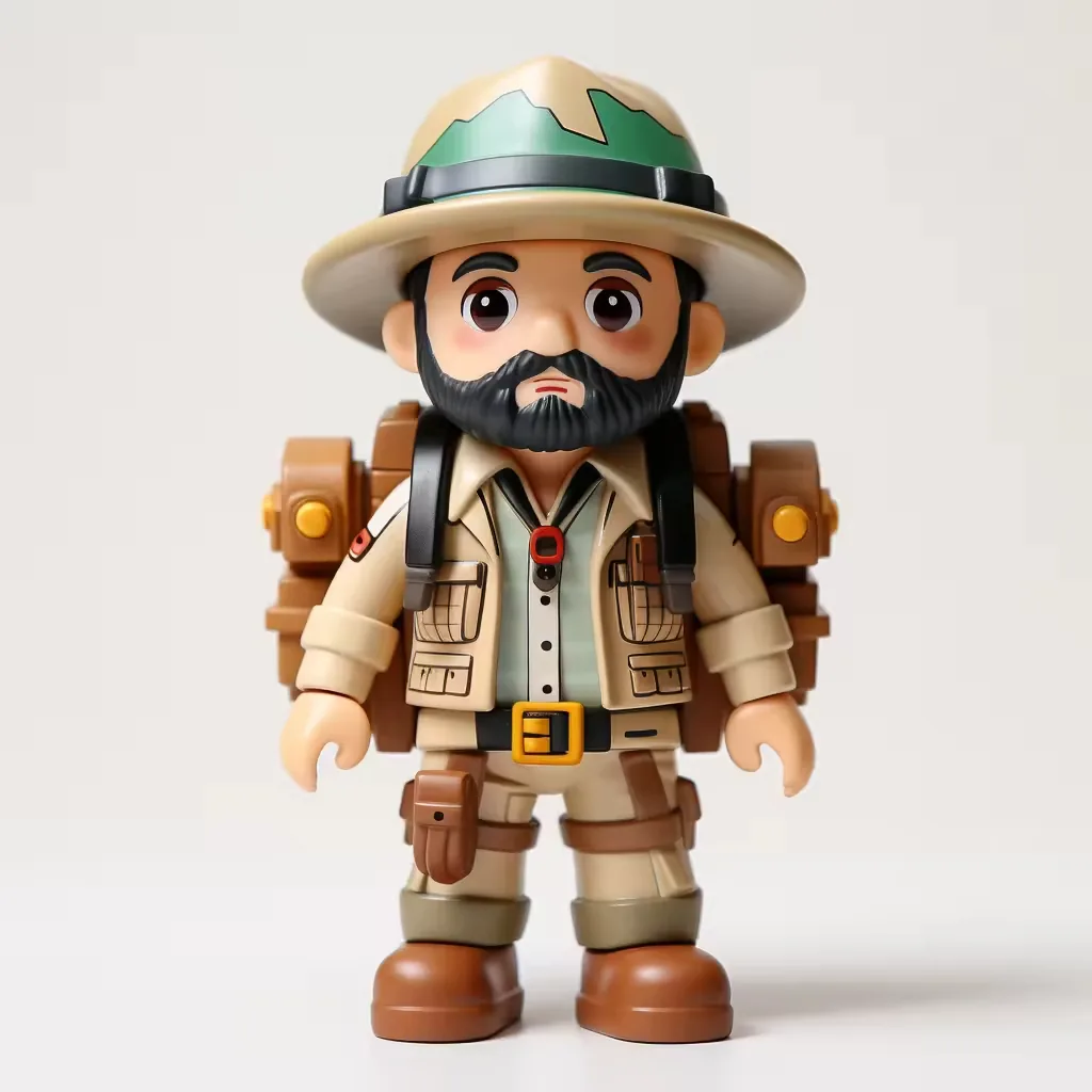Figurine PVC de expedición con barba, uniforme safari crema, banda de sombrero con estampado de montaña y gran mochila de viaje