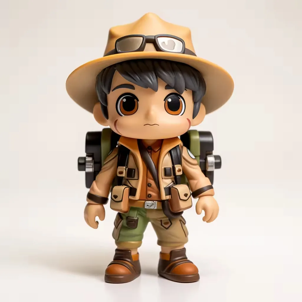 Chibi explorer vinyl style PVC figurine with tan safari hat, binocular glasses on the brim, and a hiking backpack