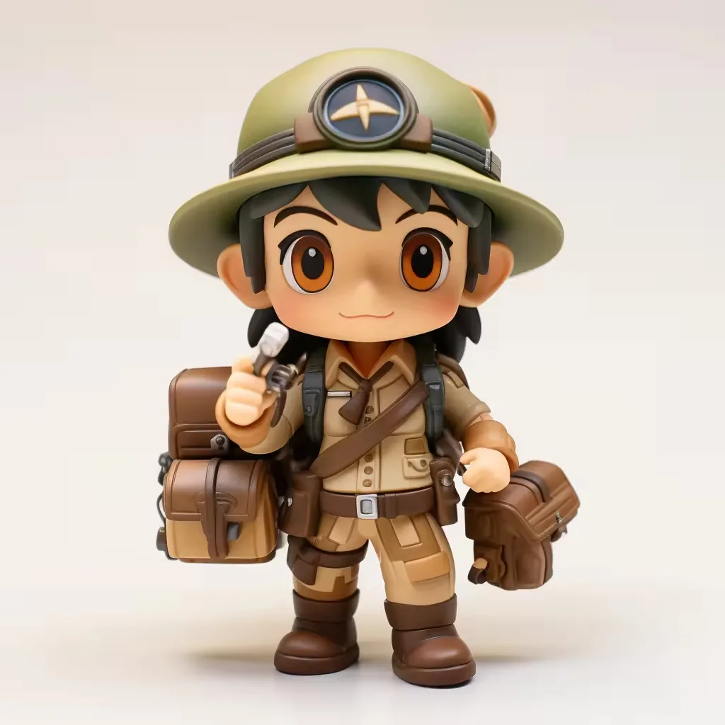 Figurine PVC chibi de guardabosques con sombrero safari verde oliva, distintivo de brújula, accesorios de equipaje y uniforme beige