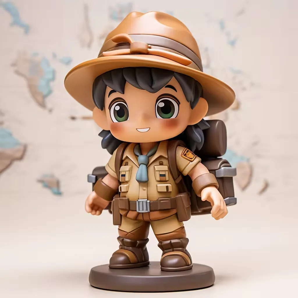 Figurine PVC chibi de explorador en base redonda de exhibición con sombrero beige, pañuelo al cuello y fondo de mapa