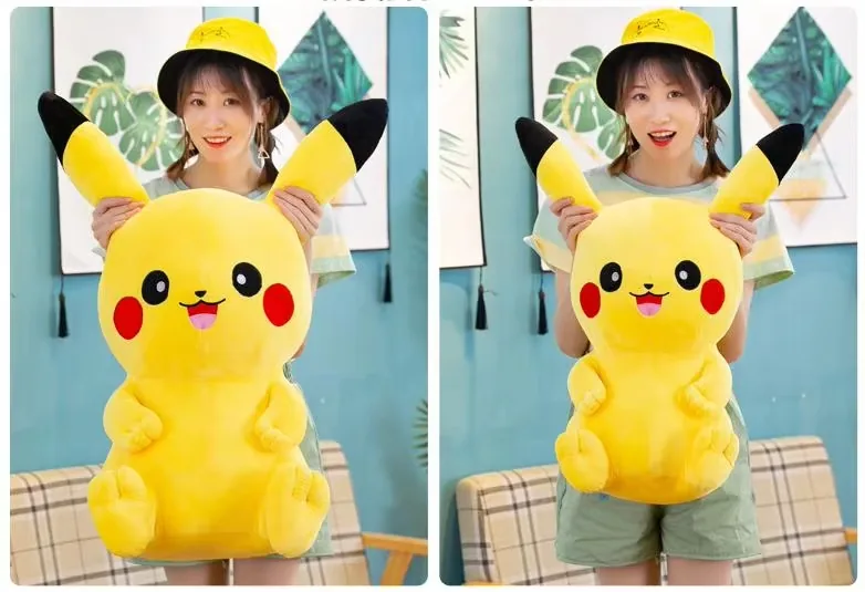 Model holding a very large yellow plush to show real-world scale
