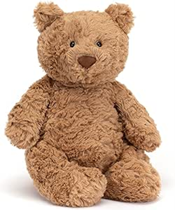 Medium-sized brown teddy bear sitting upright on a white background