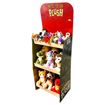 Retail floor display stand filled with assorted plush toys