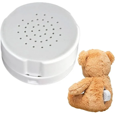 Plush voice box sound module used in interactive toys to add sound and response to plush dolls