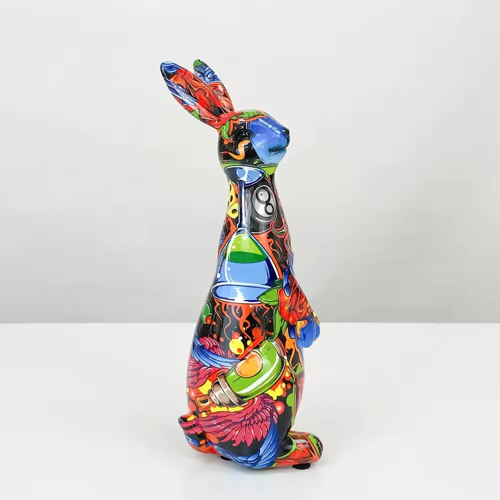 Pop-art resin rabbit desktop ornament with glossy multicolor graffiti artwork and upright sculptural silhouette