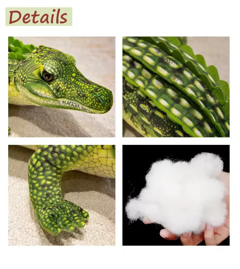 Collage de detalles del hocico del cocodrilo plush, la cresta elevada, la textura impresa de la pata y el relleno blanco de PP cotton