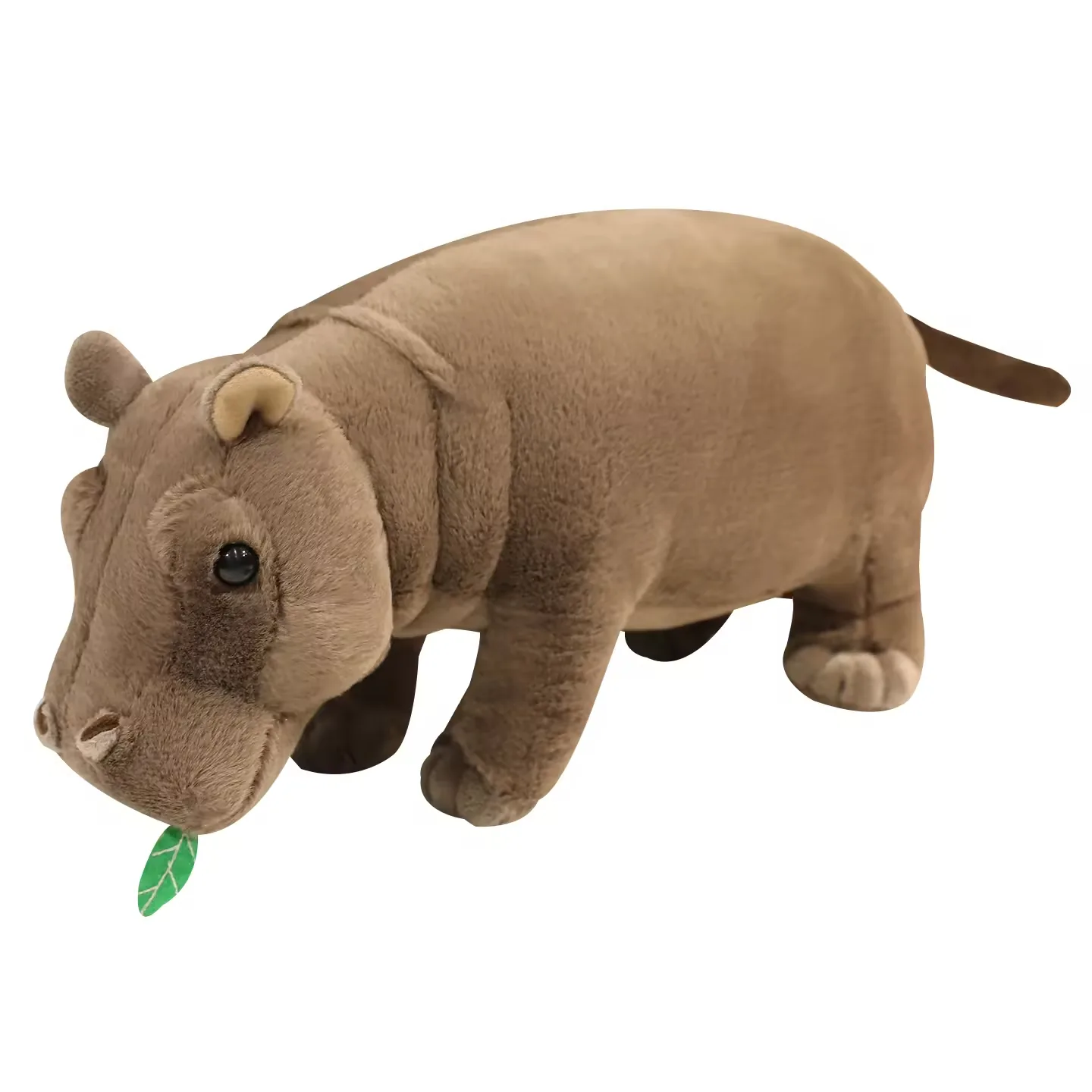 Realistic hippo plush toy with soft grey fabric, rounded snout, and compact stuffed-animal silhouette
