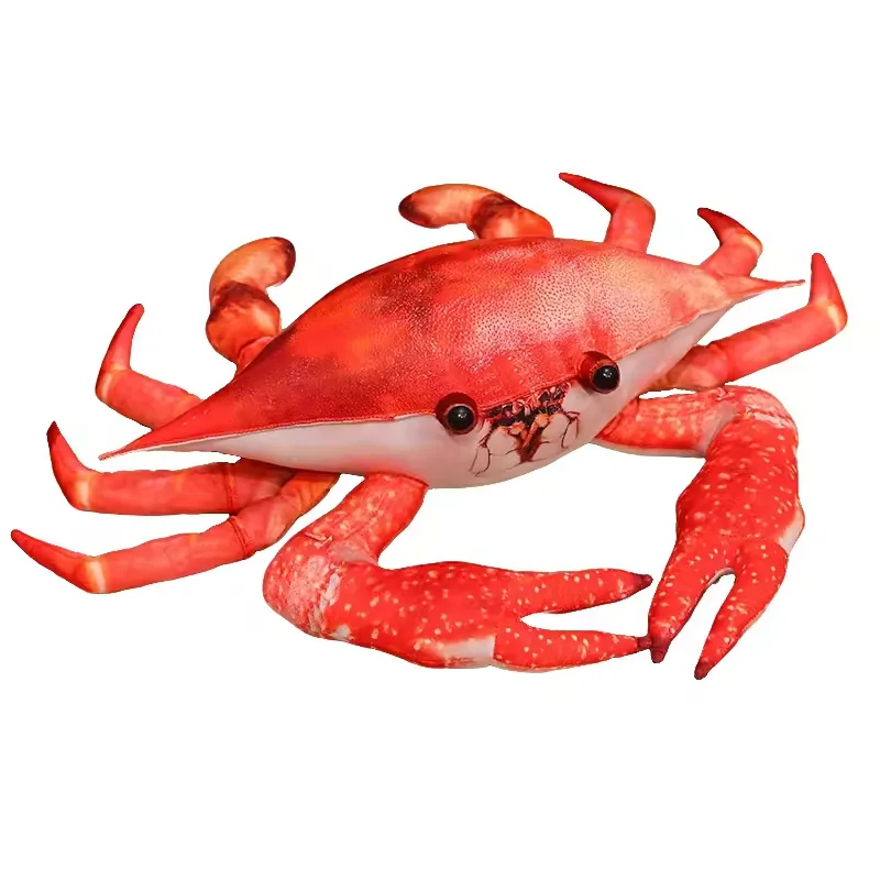 Realistic red plush crab toy on a white background with raised legs, wide body, and oversized claws