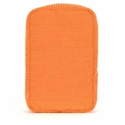Vista trasera del peluche de lata de sardinas que muestra un panel acanalado naranja limpio sin los peces