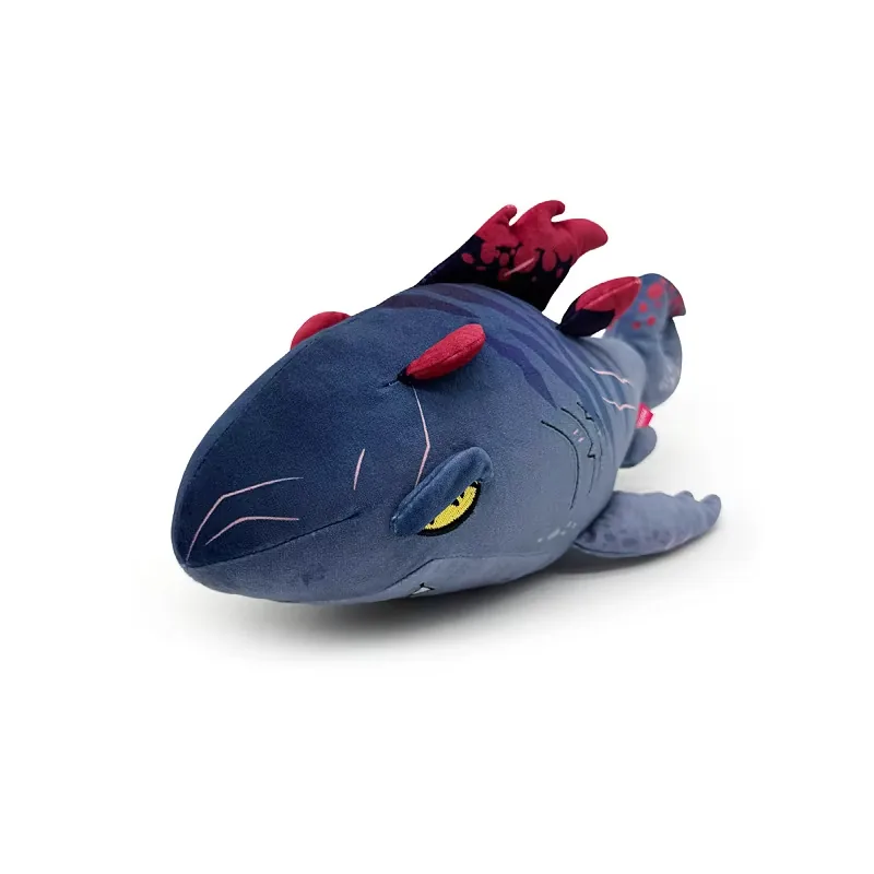 Peluche Shadowmaw Megalodon azul medianoche visto en un ángulo de tres cuartos con púas dorsales y detalles de cola curvada