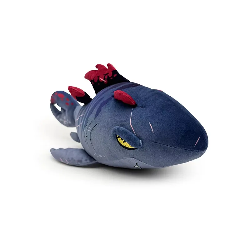 Muñeco de peluche Shadowmaw Megalodon azul medianoche con ojo amarillo, aletas oscuras y marcas faciales estilizadas