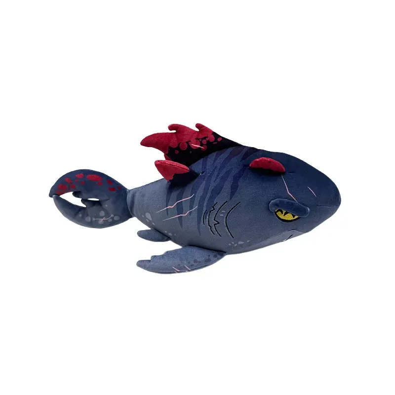 Vista lateral del peluche Shadowmaw Megalodon azul medianoche mostrando la longitud del cuerpo, el aro de la cola y la colocación de las aletas