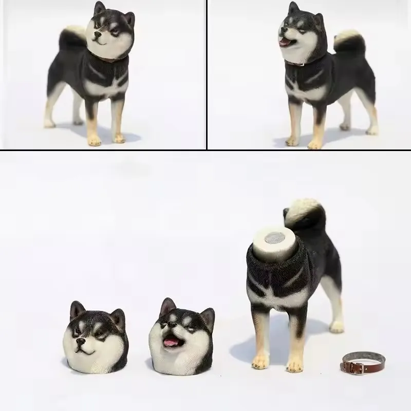 Collage que muestra una estatua de perro Shiba Inu en resina negra desde vistas frontales con detalle de collar