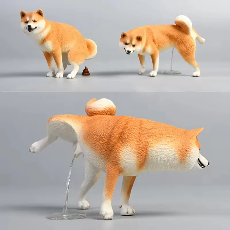 Collage de una estatua novelty de perro Shiba Inu en resina en una pose humoristica con la pata levantada mostrada desde varios angulos