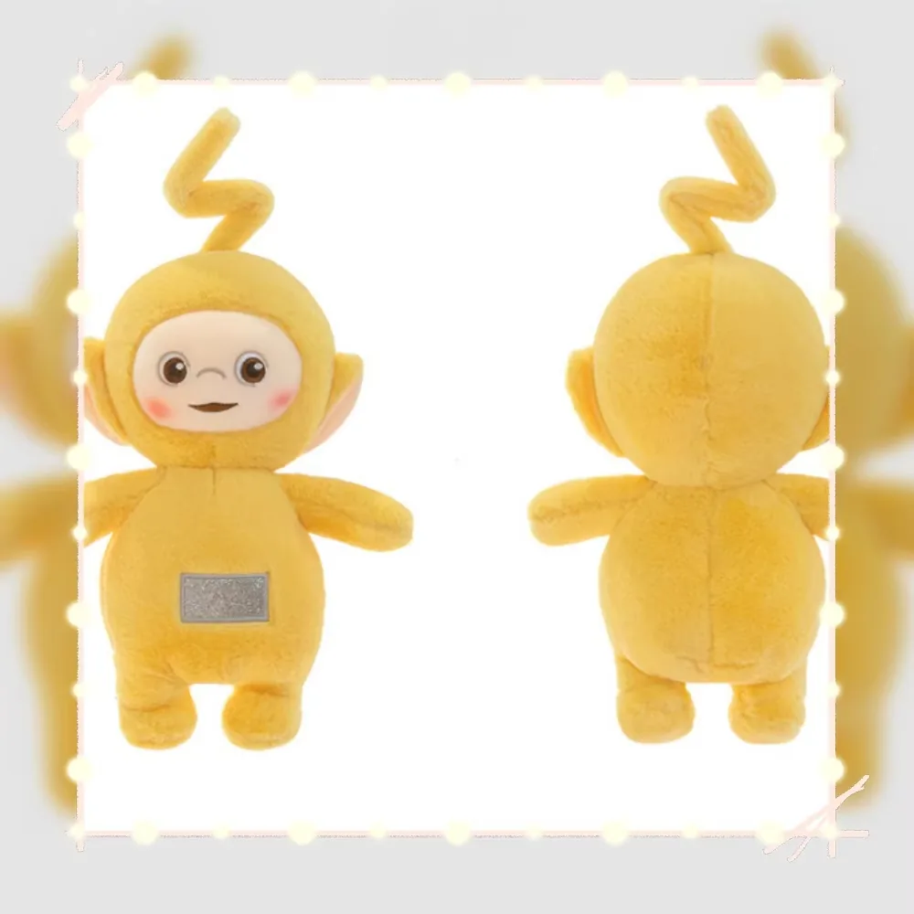 Muñeco Teletubbies amarillo mostrado en vista frontal y trasera para comparar la silueta