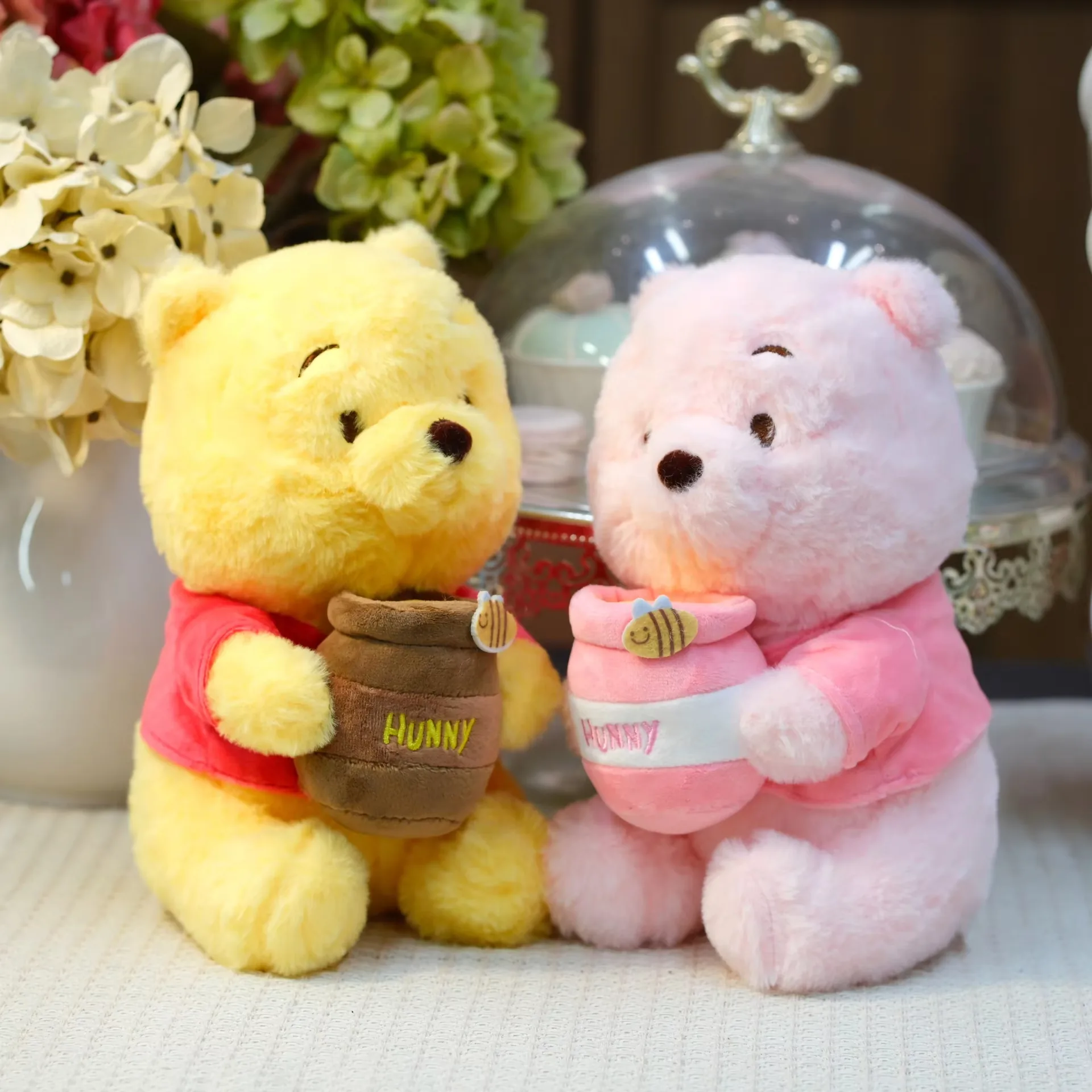 Yellow and pink honey jar bear plush dolls displayed together as a two-color gift plush set